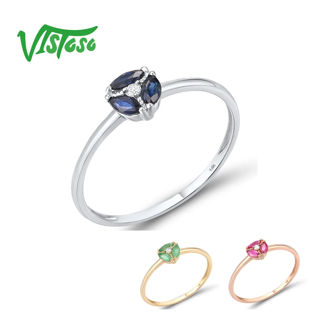 VISTOSO Gold Rings For Women Genuine 14K White Rose Yellow Gold Blue Sapphire Ruby Emerald Diamond Ring Elegant Fine Jewelry