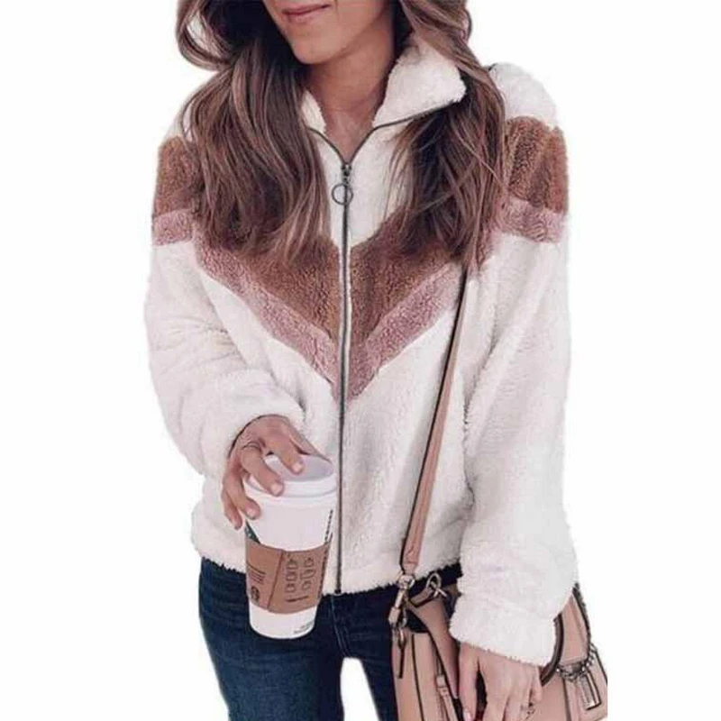 

White Fleeced Patchwork Women Coat Long Sleeve Warm Thick Fur Winter Causal Loose Jacket Zipper Outfits Clothes 2021 Black Grey