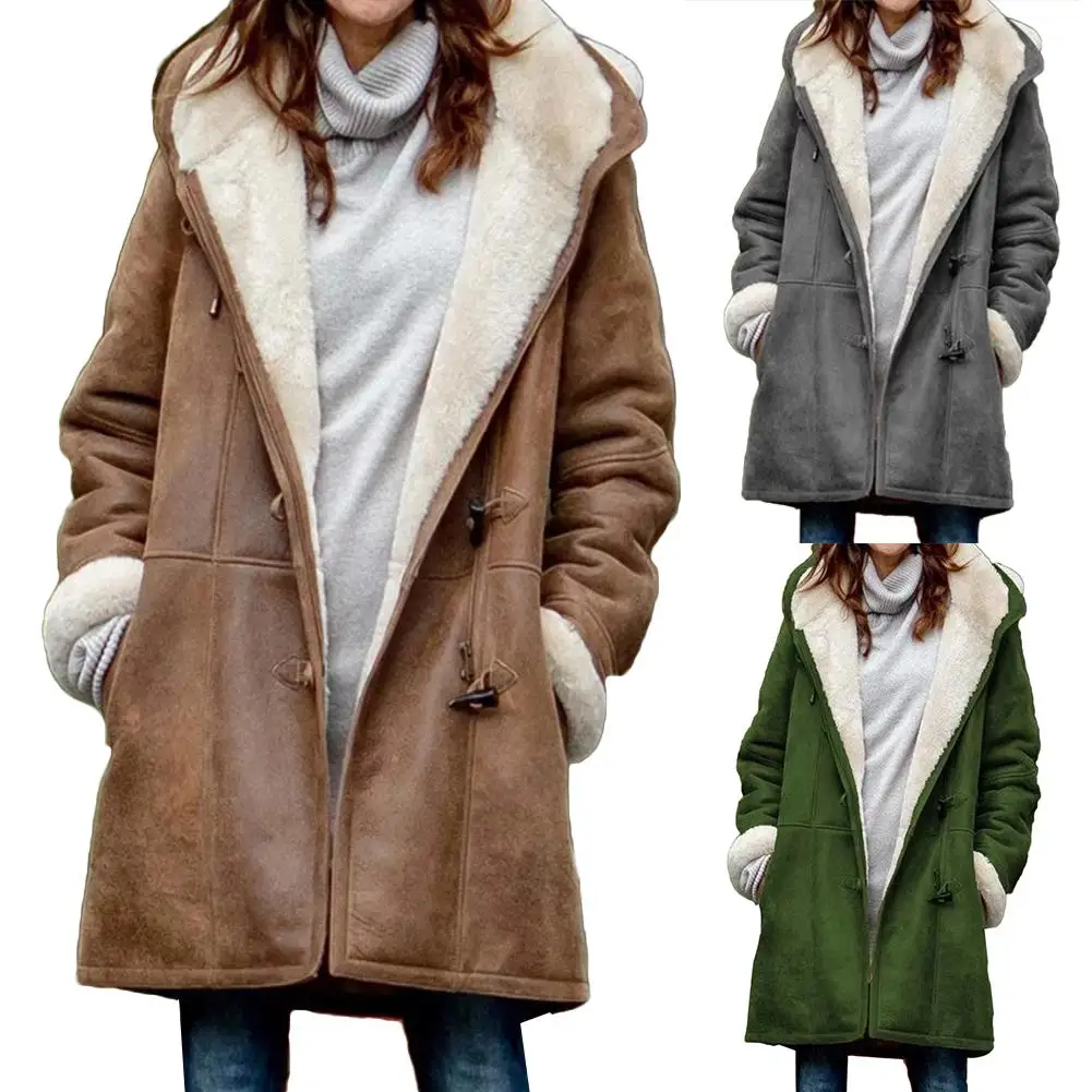 

Casual Women Winter Solid Color Horn Buckles Fleece Lining Long Warm Hooded Coat