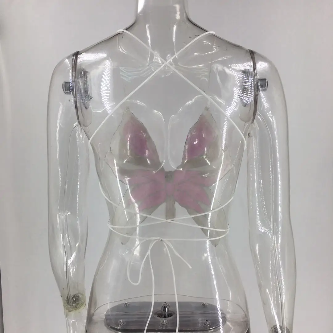 

NEW DGIRL NEW Strap Crop tops Women Sleeveless Summer Camis Tops Butterfly Sequined Backless Sexy Crop Top Beach Bohemian Tees