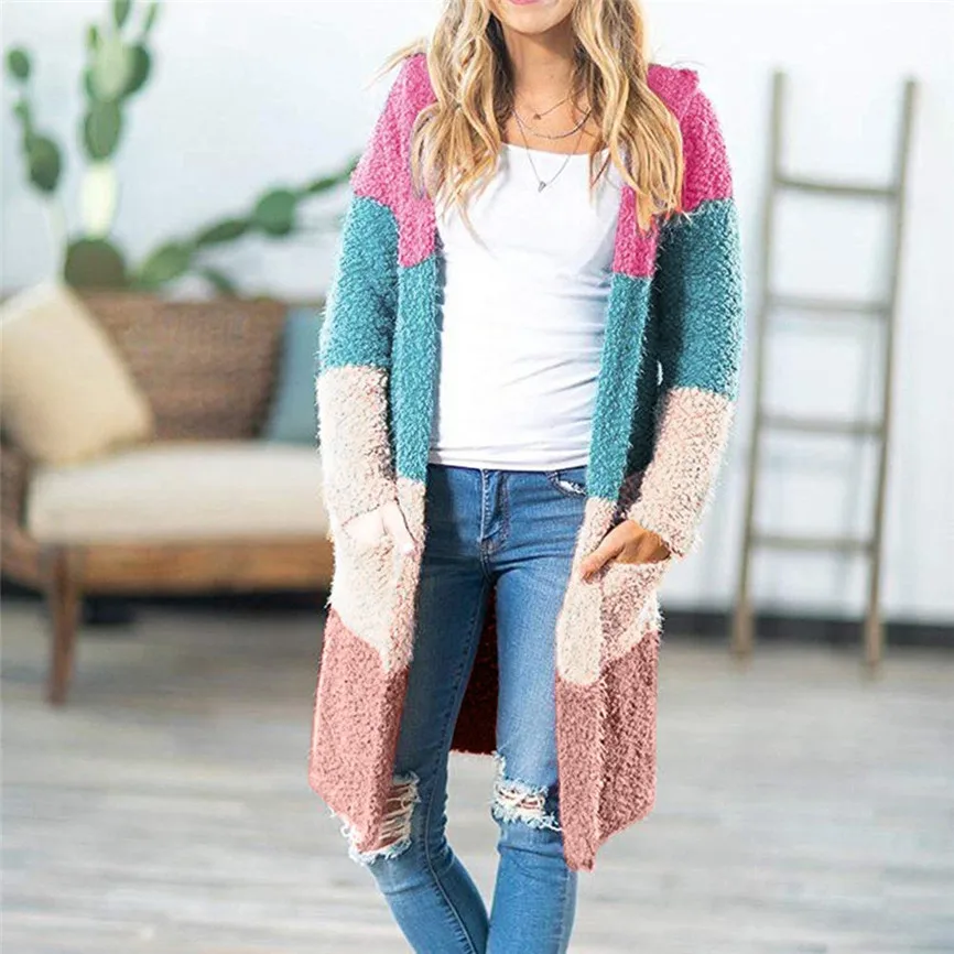 Женский Повседневный мягкий вязаный свитер с длинным рукавом и открытым передом