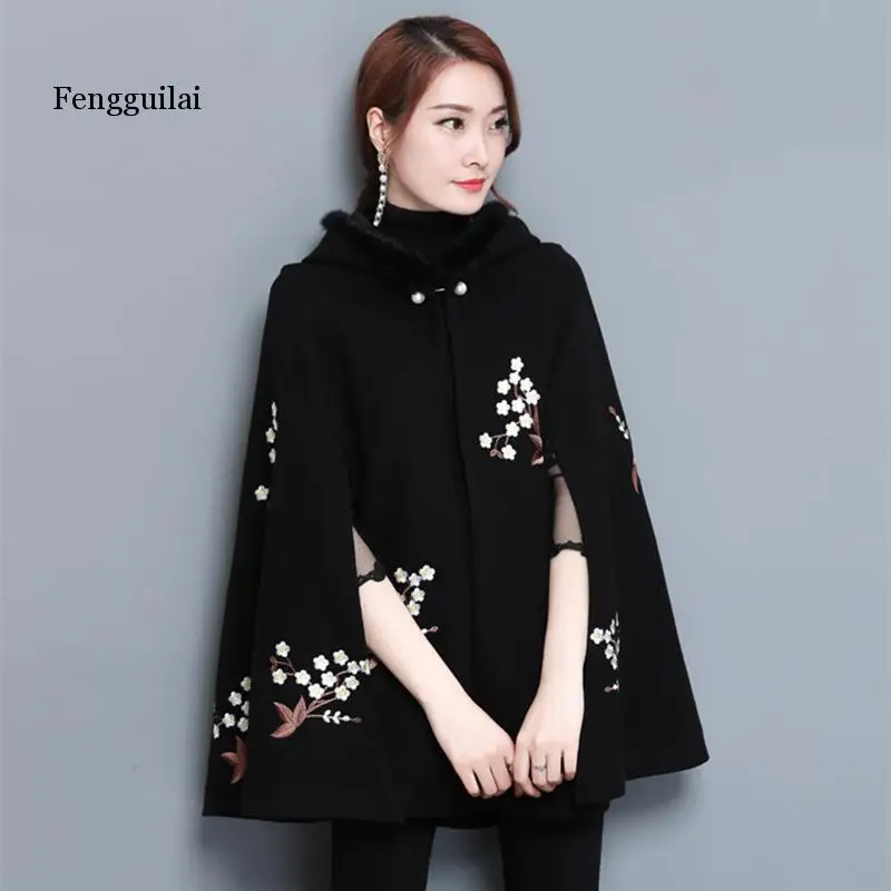 Черные накидки с вышивкой и капюшоном пончо для женщин винтажные шерстяные