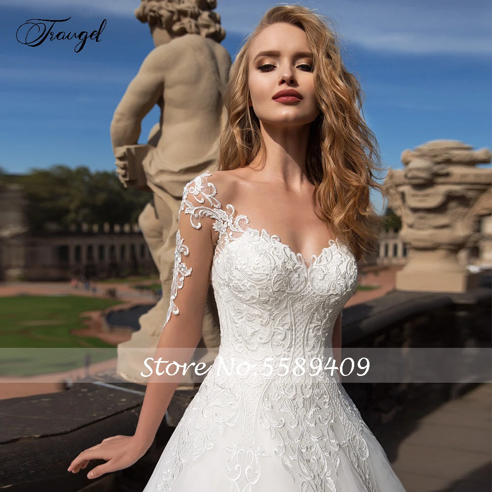 

Traugel Chic Scoop A Line Lace Wedding Dresses Elegant Applique Long Sleeve Button Bride Dress Court Train Bridal Gown Plus Size
