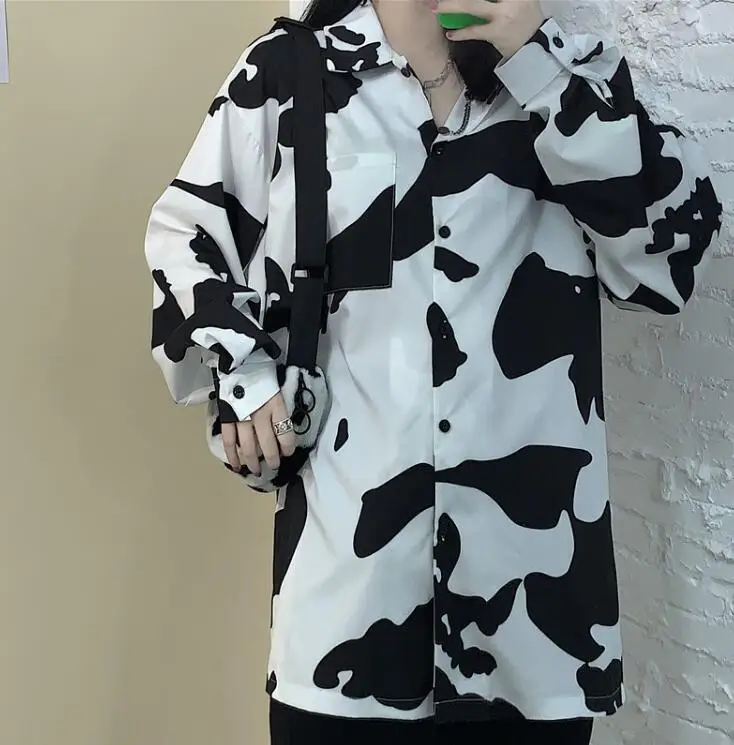 

New Harajuku dark cow print casual all-match loose long-sleeved shirt