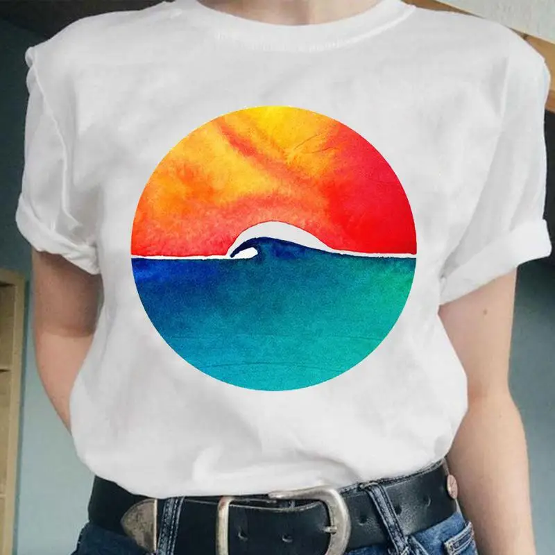 

Женские волнистые модные пляжные милые кавайные Топы с коротким рукавом и графическим рисунком, женская одежда с мультяшным рисунком, футб...