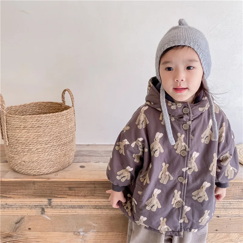 Купи Winter Children Hooded Coat Fashion Bunny Print Boys Warm Overcoat Cotton Kids Thicken Cotton Windbreaker Girls Long Jacket за 1,853 рублей в магазине AliExpress