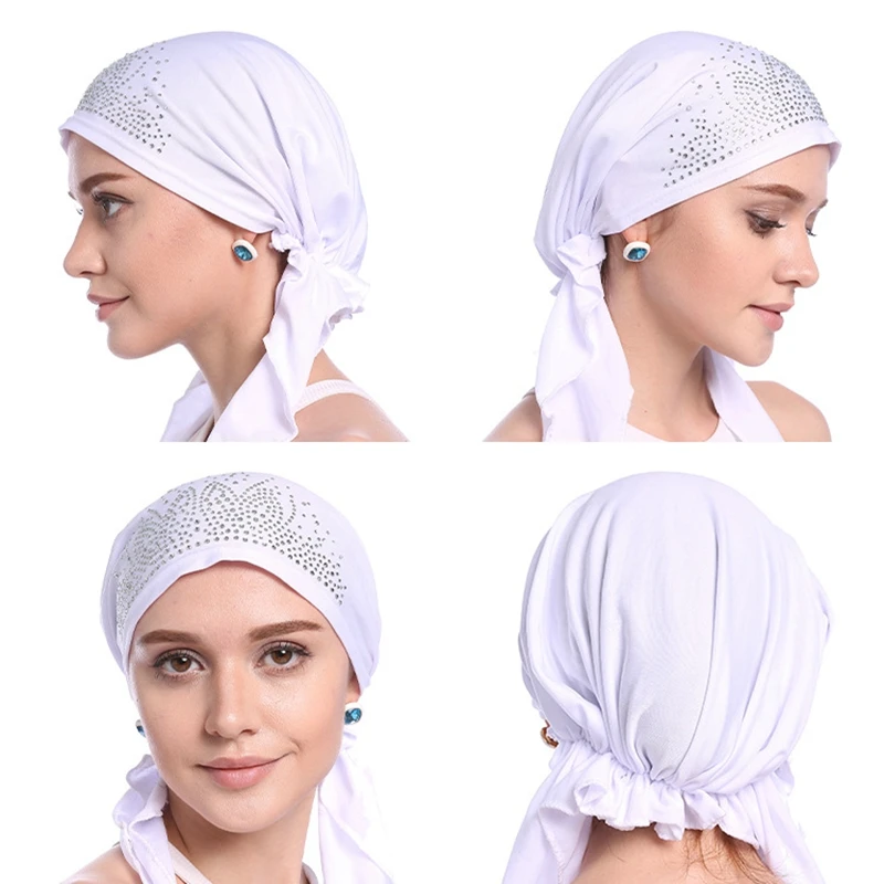 

Muslim Rhinestone Cap Women Fashion Pure Color Adjustable Spring Summer Temperament All-match 50-54CM High Quality Scarf Cap