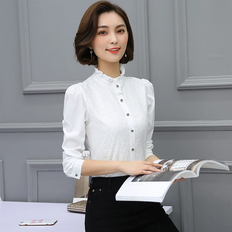 Black White Shirts Women Autumn Spring Korean Bottom Tops Plus Size 3XL Office Ladies Lace Bow Floral Chiffon Blouse |