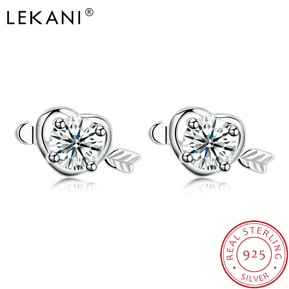 

LEKANI Real Sterling Silver 925 Jewelry Heart Earrings Women Exquisite Cubic Zirconia Stud Earring Anniversary Romantic Gift