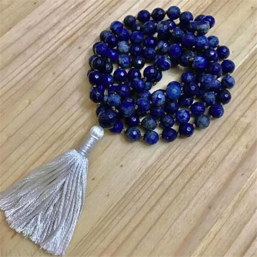 

8mm section Lapis Lazuli Gemstone 108 Beads Mala necklace Multicolor Tassel Healing Buddhism MONK Handmade Bless pray yoga