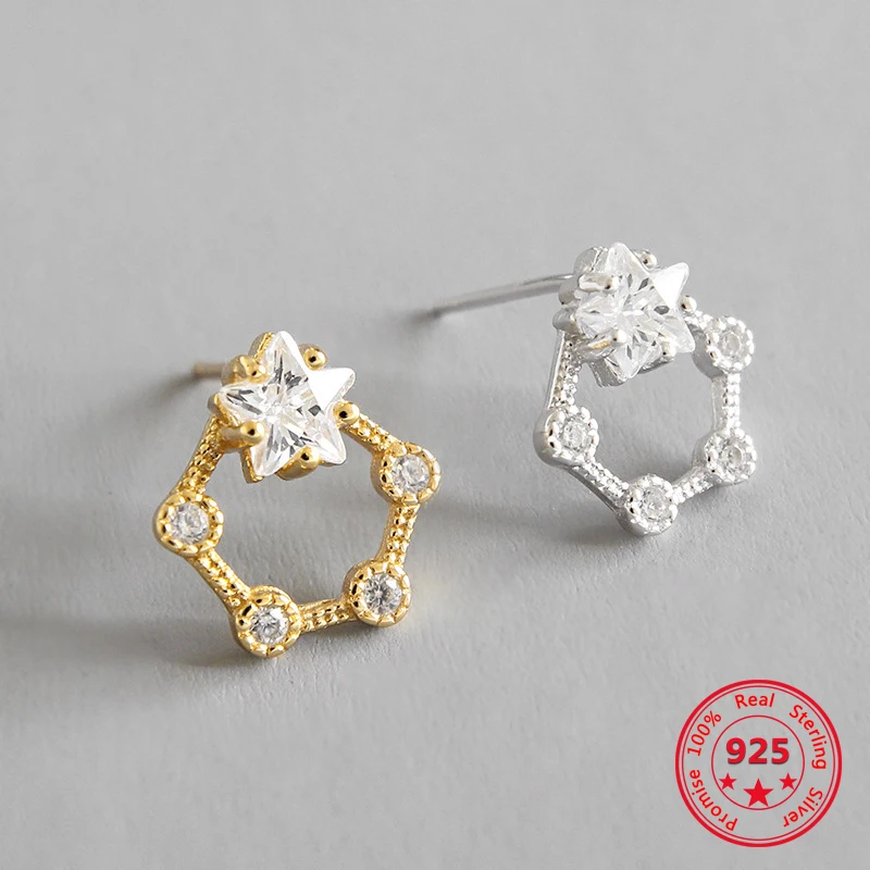 

Real 925 Sterling Silver Women's Shiny Zircon Star Pentagonal Stud Earrings Women's Jewelry Holiday Gift