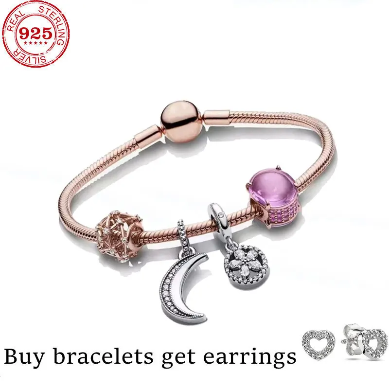 

925 Silver European Heart-shaped Pendant Charm Bracelet Fit Women's Jewellery Snake Chain Rose Gold Metal Fashion Fine Bracelets