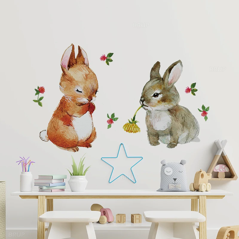 Стильные настенные Стикеры с ручным рисунком цветов кроликов животных детские