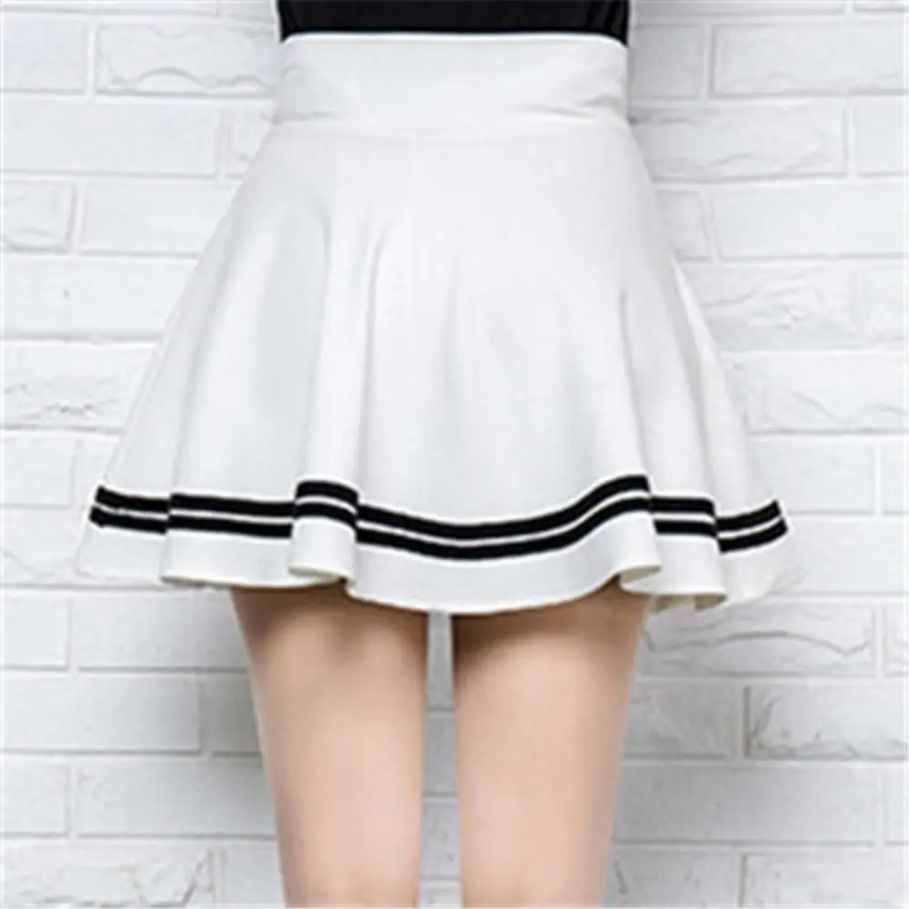 

Summer Hot Sale Women Fashion Solid Color High Waist Stripe Pleated A Line Mini School Skirt