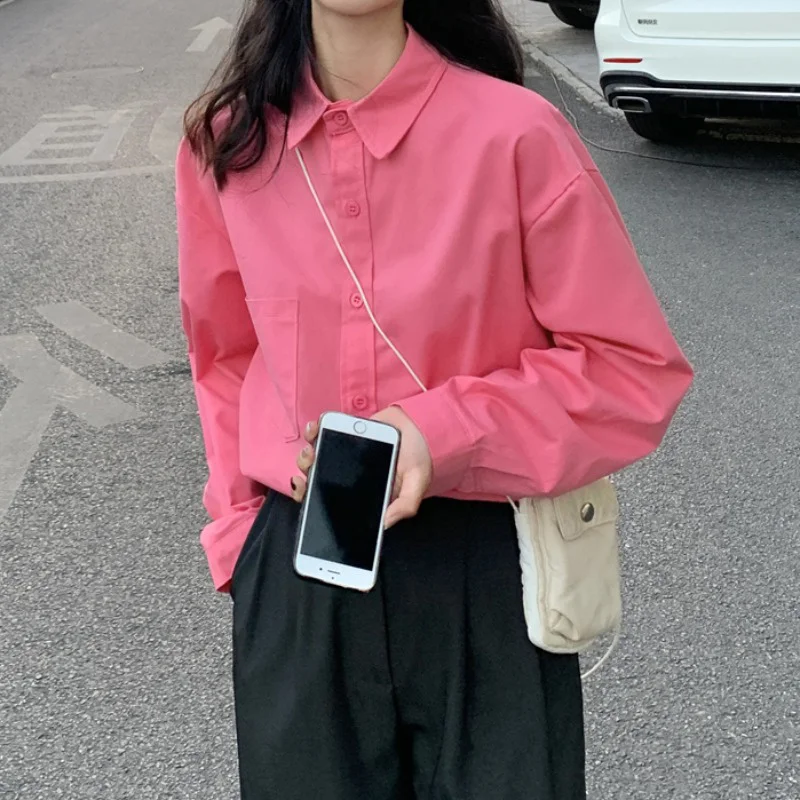 

Розово-красная Ретро рубашка в гонконгском стиле пальто тонкая рубашка шикарный ранний осенний Топ Женская одежда 2021 NewRachel