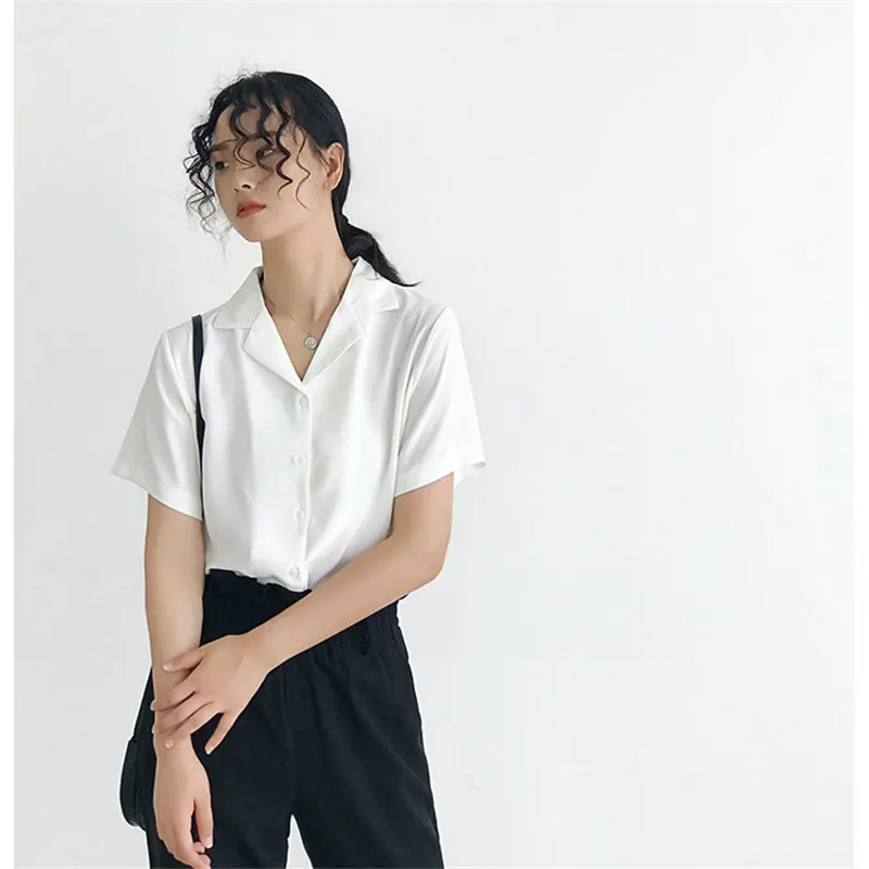 

Short-sleeved All Match Elegant OL Solid Office Formal Ladies White Large Size Basic Shirts French Style Summer Turn-down Collar