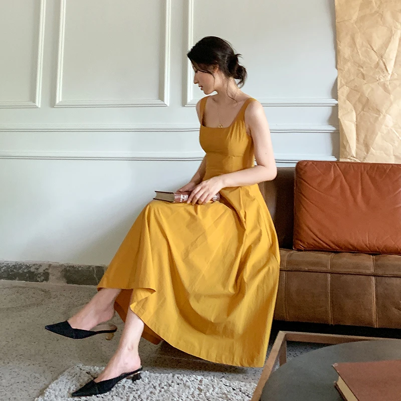 Платье женское французское с высокой талией желтое ТРАПЕЦИЕВИДНОЕ ПЛАТЬЕ