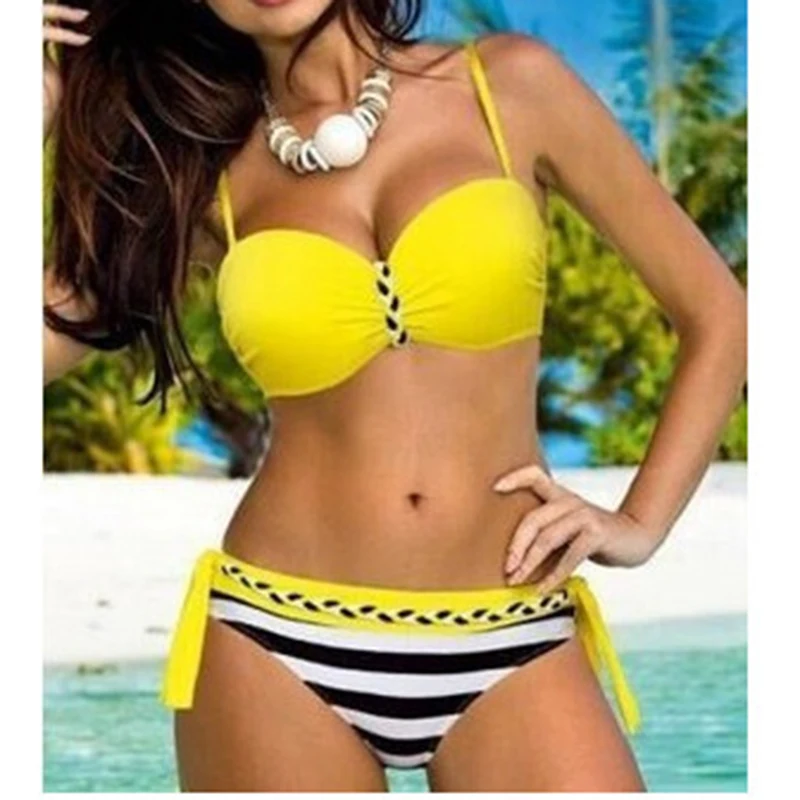 Желтый красный сексуальный женский купальник с пуш ап комплект бикини в полоску