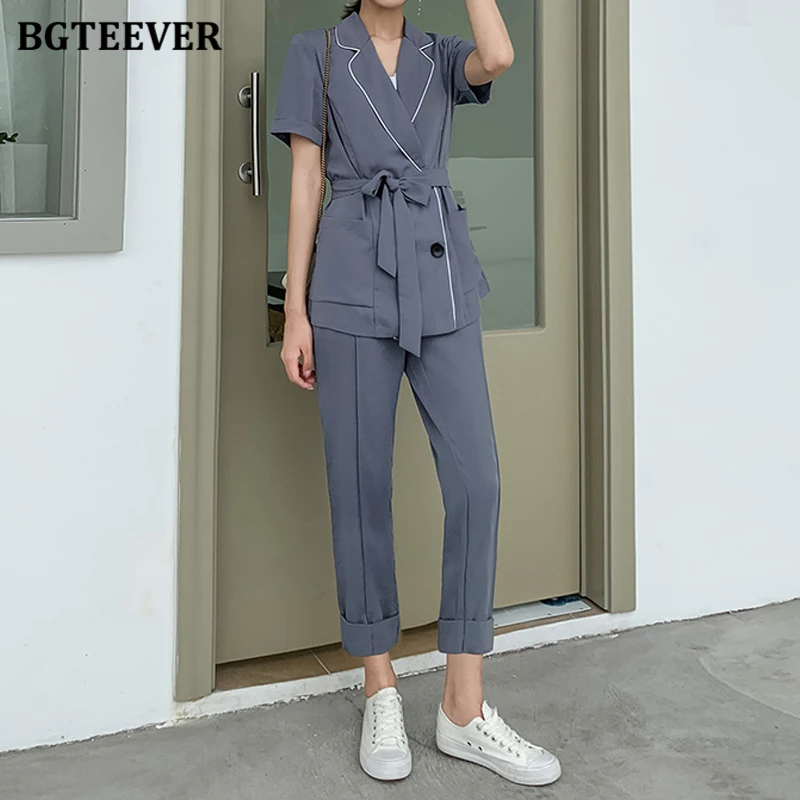 BGTEEVER Повседневный двубортный женский пиджак и прямые брюки с высокой талией