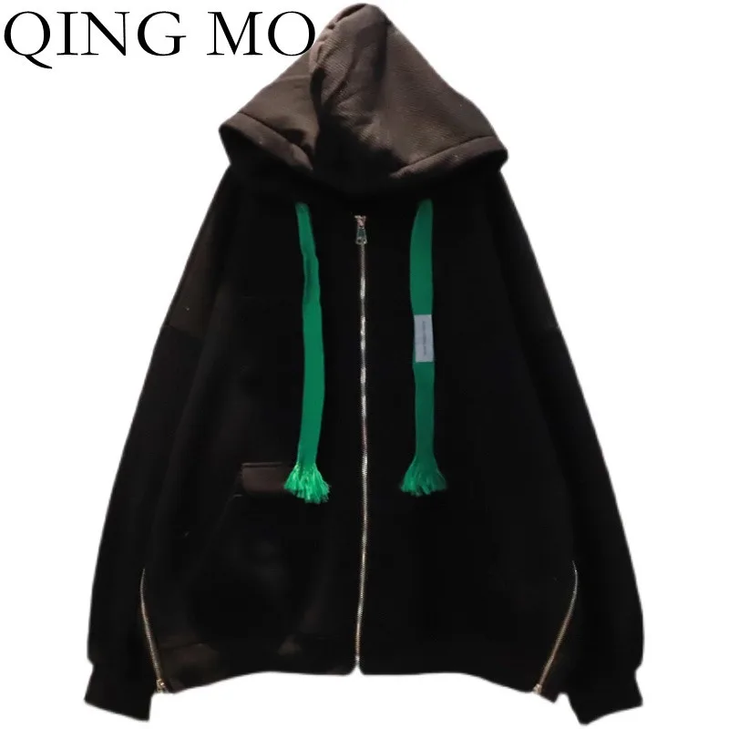 

Женская бархатная куртка с капюшоном QING MO, черная куртка большого размера на молнии с надписью, модель ZWL1671 на зиму, 2021