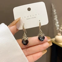 yaonuan korean s925 needle light luxury black crystal gold plated flower alloy earrings for women vintage fashion jewelry party