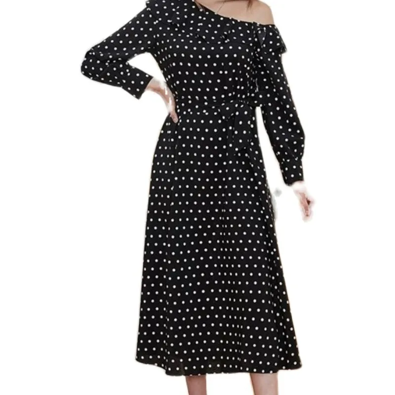 

2021 Dress New Product Spring Summer Slim Diagonal Collar Long Sleeve Dots Ruffle Folds