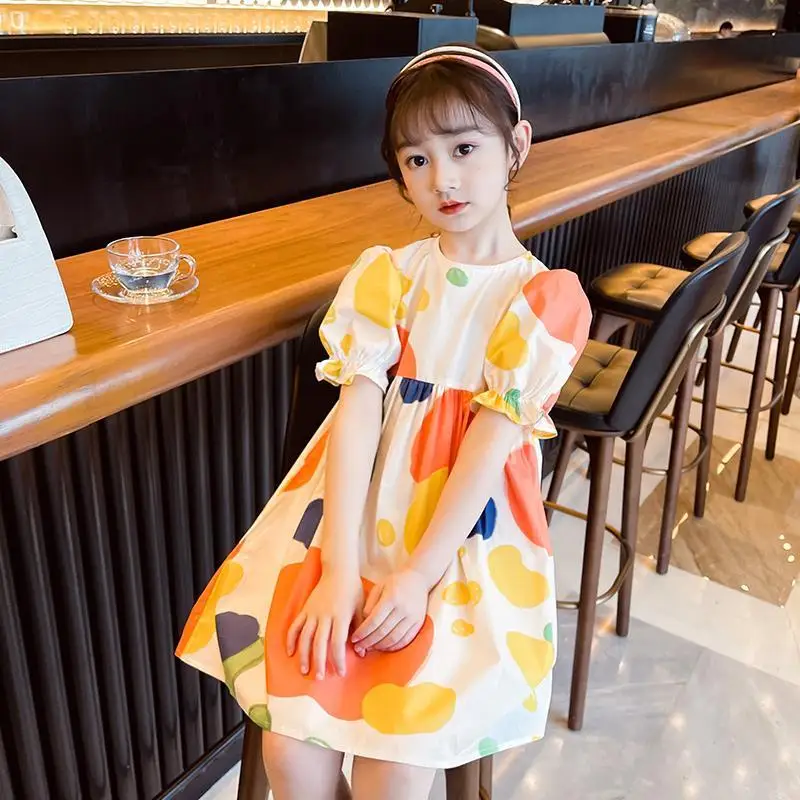 

2021 Summer Kids dresses for Girls Clothes Puff-sleeve Casual Party Costume Children Fashion Printed Girls Casual Clothing Q90