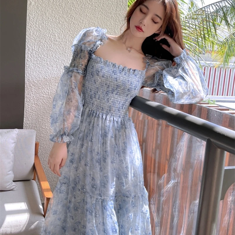

Summer Kawali Floral Dress Female Puff Sleeve French Party Midi Korean Dress 2021 New Women Elegant Patchwork Print Sweet Dress