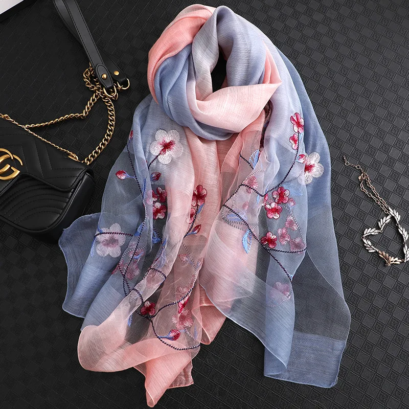 

2021 дизайнерский брендовый женский шелковый шарф, шерстяные шали и накидки, женские модные цветочные шарфы с вышивкой из пашмины, пляжные па...