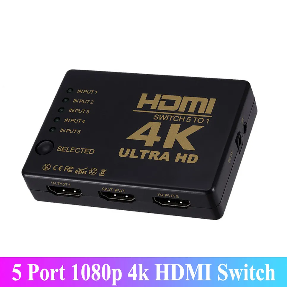

New 5 Port HDMI-Compatible Switch 3D 1080p 4k Selector Splitter Hub with IR Remote Controller for HDTV DVD BOX 5 In 1 Out