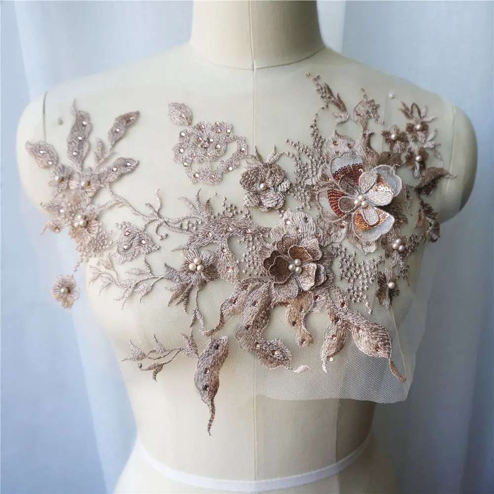 Черные синие золотые 3D Цветочные кружевные тканевые бусины вышитые аппликации