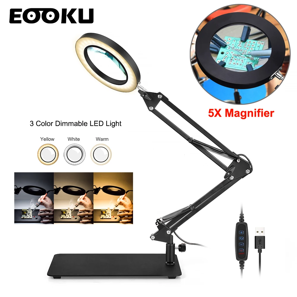 

Светодиодная настольная лампа EOOKU, USB 5X, увеличительное стекло, гибкая ручка, профессиональное освещение, энергосберегающая, защита глаз, на...