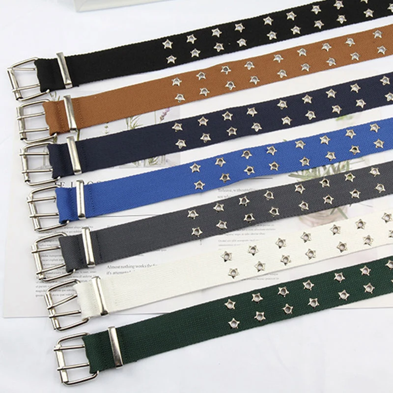 

2021 Punk Wide Belt For Jeans Women Canvas Web Double Grommet Eyelet Hole Buckle Belt Designer Harajuku Female Waist Strap Belts