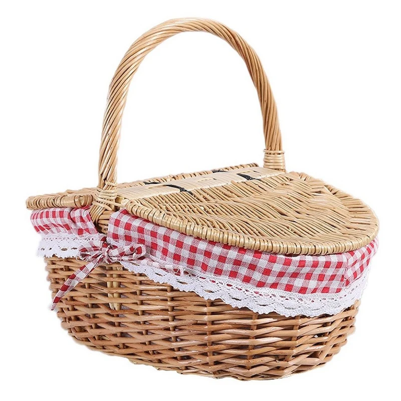 

Country Style Wicker Picnic Basket Hamper with Lid and Handle & Liners for Picnics, Parties, Wedding and BBQs