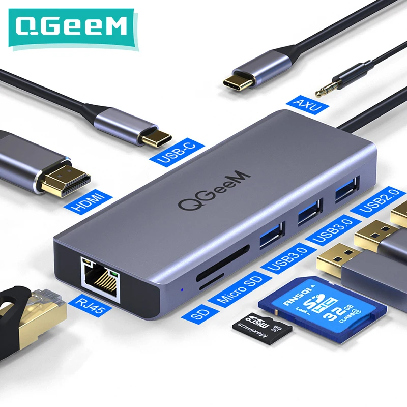 QGeeM USB C концентратор для Macbook Pro/Air HDMI VGA Micro SD кард ридеры RJ45 Aux PD OTG мульти usb хаб Тип 3