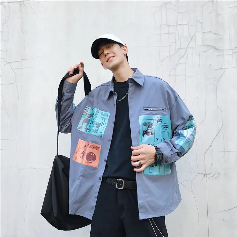 Fashion brand work shirt men's long sleeve Korean version and handsome Fashion jacket youth leisure printed 2021 streetwear