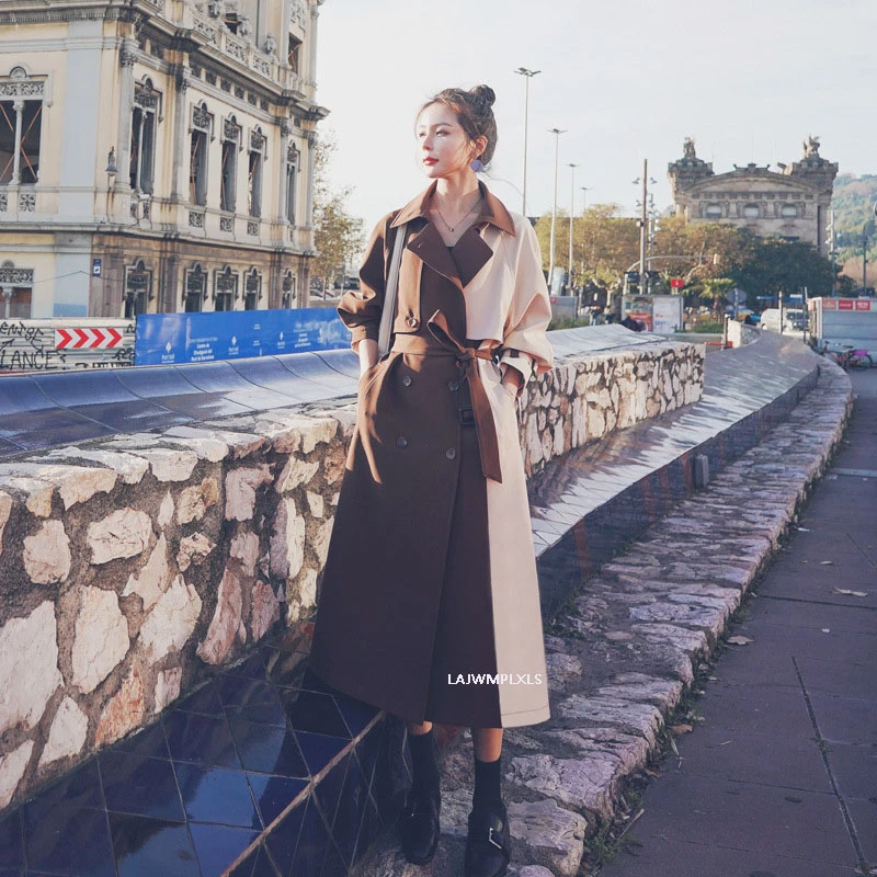 Женский винтажный Тренч Длинная ветровка контрастных цветов хаки и коричневого