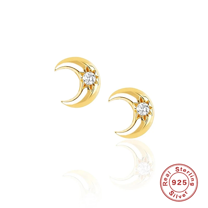 

CANNER Real 925 Sterling Silver Stud Earrings For Women Mini Moon Diamond Zircon Piercing Earring Earings Jewelry Pendientes