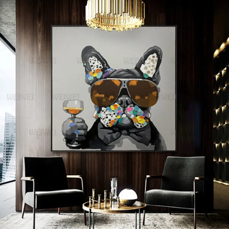 

Creative Cute Dark Gray Dog Cheers Art Canvas Painting Modern Abstract Wall Art Pictures for Living Room Decor Weiwei