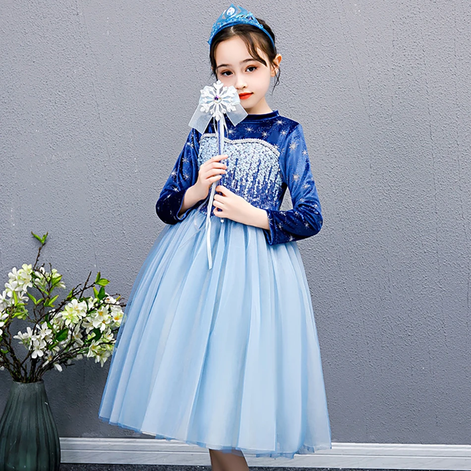 

Inspired Princess Elsa Costume for Girls Autumn Mesh Frocks Long Sleeve Velvet Sequined Bodice Snow Queen Carnival Winter Dress