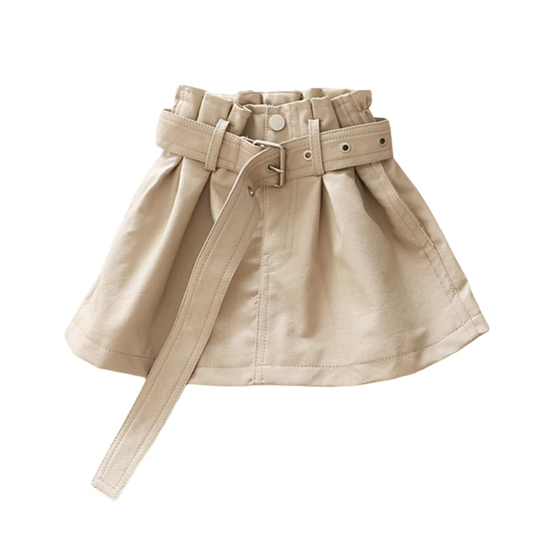Beige Юбки для девочек юбка из искусственной кожи детская одежда для малышей, детские кожаные юбки для девочек, детская одежда юбки с ремнем для девочек - Цвет: Beige
