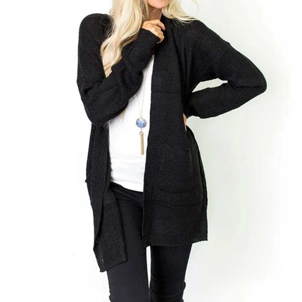 

2019 Autumn Winter New Fashion Slim Women Solid long Sleeve Pockets Knitted Sweater Cover Up Kimono Cardigan Z730
