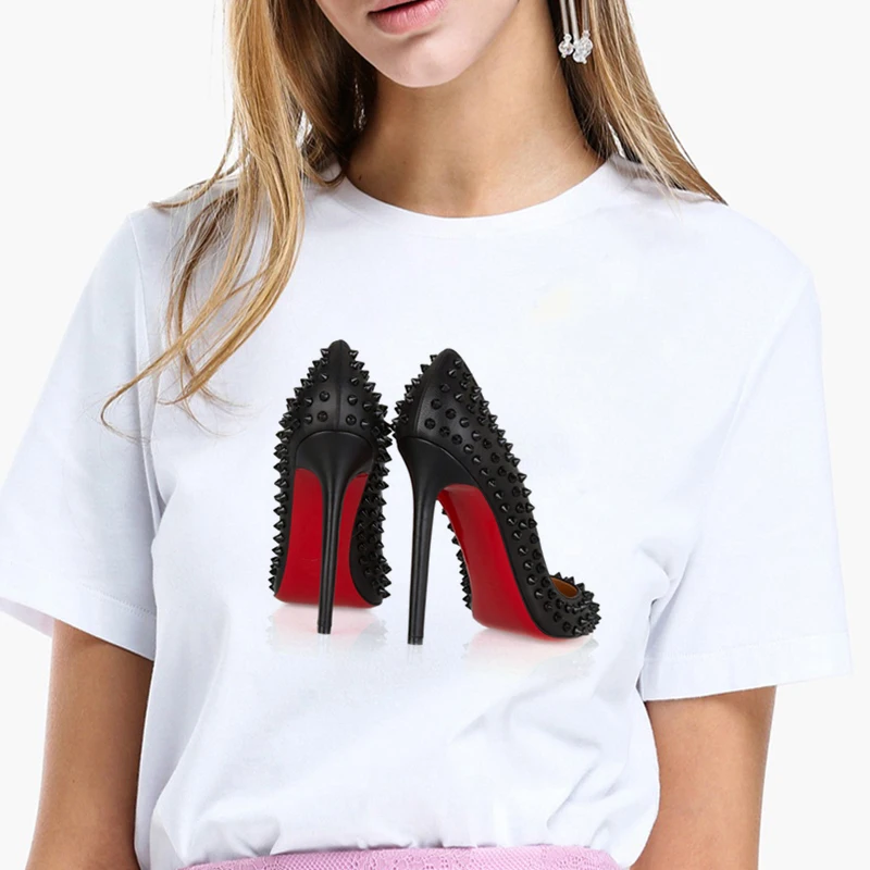 Новинка 2020 модная женская футболка с акварельным принтом туфель на высоком каблуке женские топы в стиле 90 х