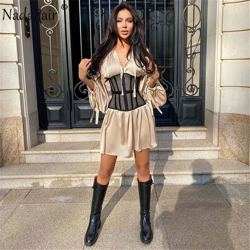 Nadafair Sexy Party Short Dress Women Corset Bustier Silp Satin Vestdos V Neck Bow Tied Long Sleeve Solid Silk 2021 Woman | Женская