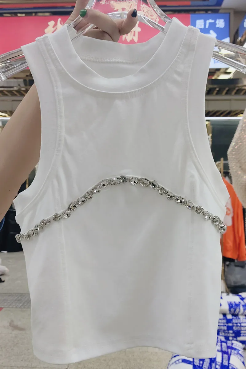 

2021 New Summer Diamond Sleeveless Short round Neck off Shoulder Rhinestone Slim Halter Top Underwear Spaghetti-Strap Slip Women