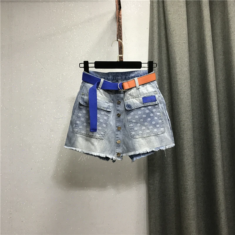 

Летнее платье в Корейском стиле, новинка 2021, декоративная джинсовая юбка с карманами, короткая юбка-штаны, трапециевидная юбка в горошек с з...
