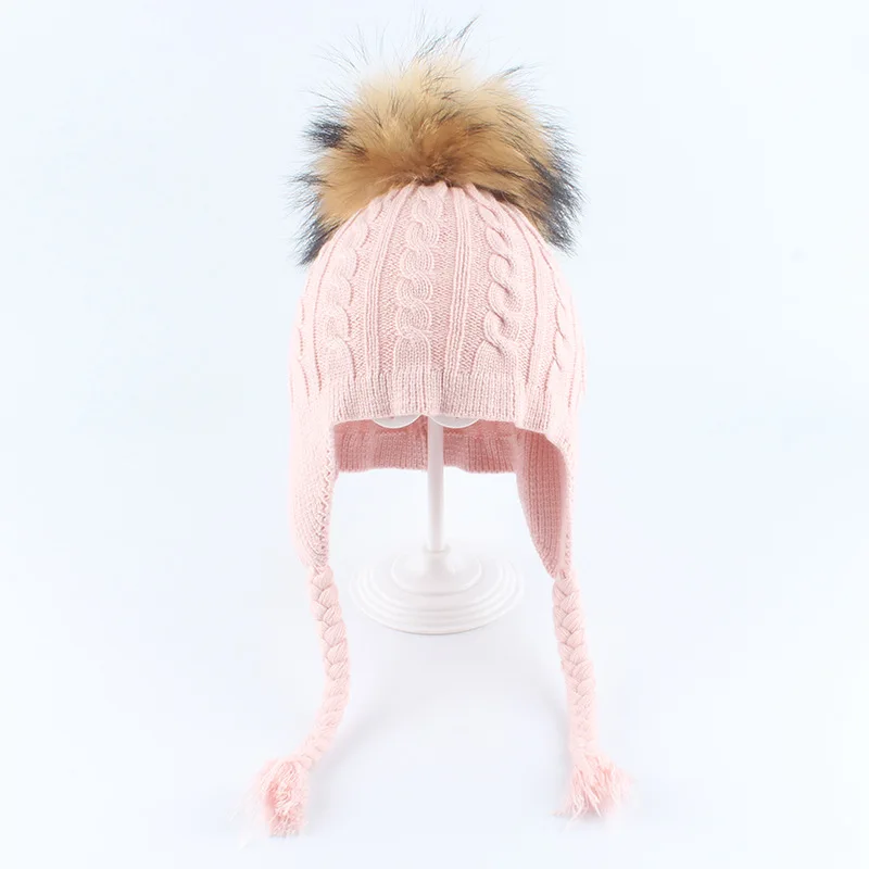 pink 1pom Детская зимняя шапка из натурального меха с помпоном, узор в виде косички Детский Зимний вязаный комплект шапки для девочек и мальчиков, вязаная шапка бини с наушниками, ухо Кепки для детей - Цвет: pink 1pom