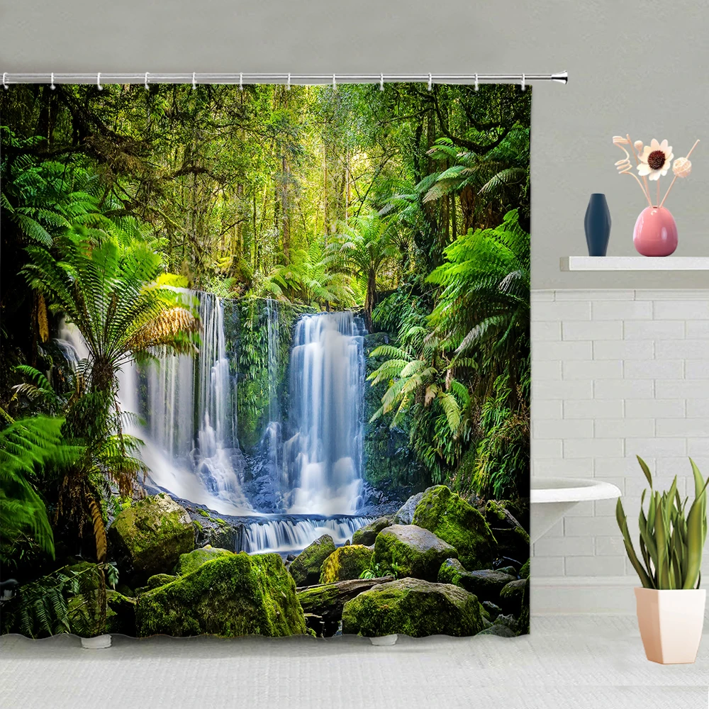 

Waterfall Natural Scenery Shower Curtains Stone Moss Forest Landscape Background Decorative Waterproof Fabric Set With Hooks