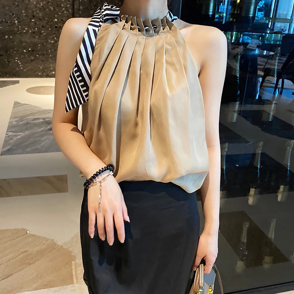 

Elegant Office Lady Halter Thin Tencel Tank Top Woman Fashion Straight Pleated Sleeveless Tops Summer Clothes For Women