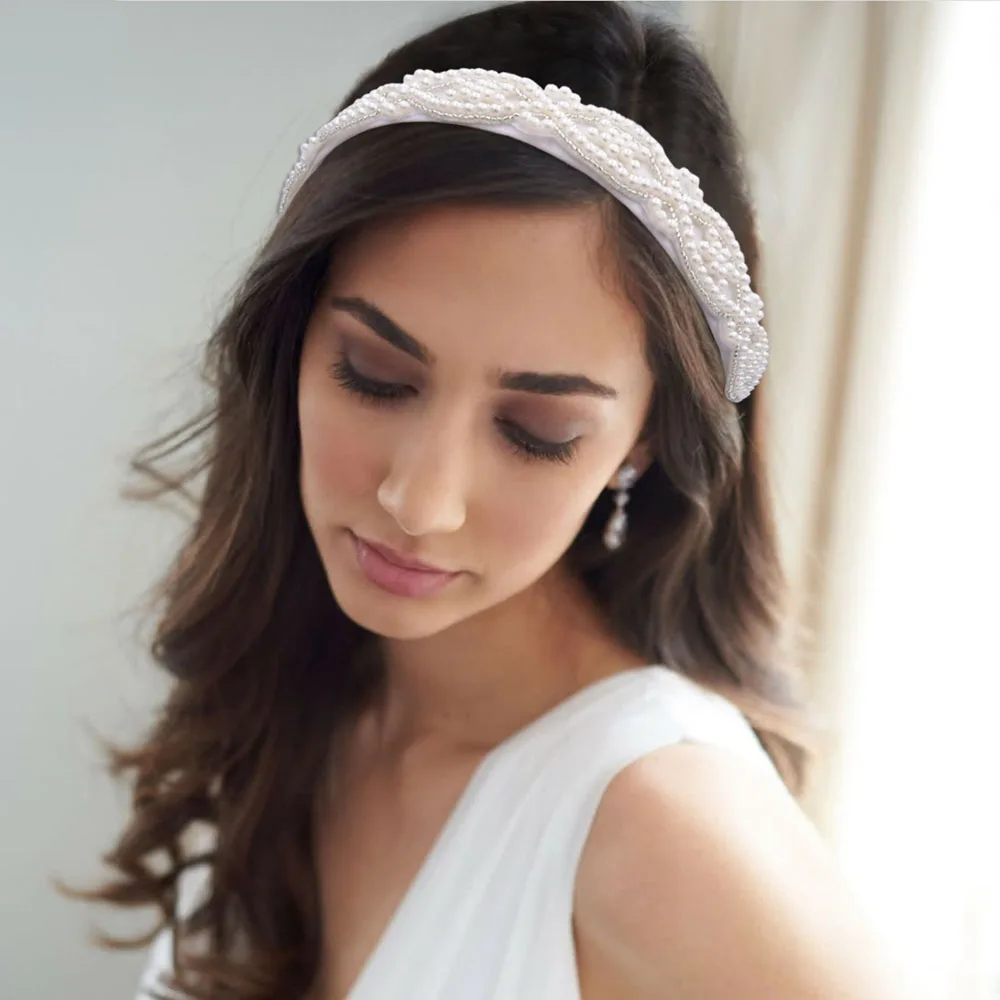 

Bride Headpiece Full Pearl Wedding Headband Handmade Beaded Women Baroque Hairbands Elegant Hair Bands for Women Headwear
